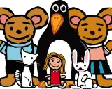 En glad grupp figurer från ett pino barnprogram: två björnar, en pingvin, en flicka, en vit katt och en vit kanin.