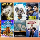 Kolekcja plakatów filmowych: Dr. Dolittle 2, Mission: Impossible 2, Piotruś Królik, Epoka Lodowcowa, Stuber, Narnia, Szeregowiec Ryan, Coming to America, Die Hard. Wiele z nich to filmy akcji ostatnich lat.