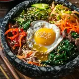 Un bol de bibimbap coloré avec œuf au plat, bœuf, légumes et riz. Une invitation à essayer cette recette !