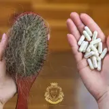 Cepillo con pelo caído y mano con cápsulas, buscando las mejores vitaminas para el pelo.