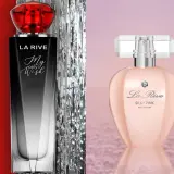 Dwa flakony perfum La Rive: "My only Wish" z czerwonym korkiem i "Silky Pink" w różowym odcieniu.