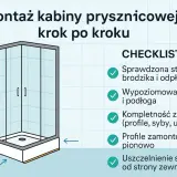 Ilustracja przedstawia montaż kabiny prysznicowej. Na liście kontrolnej znajdują się różne rodzaje kabin prysznicowych i etapy instalacji.