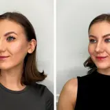 Två porträtt av en kvinna med douyin makeup. Hon har markerade ögonbryn, eyeliner och röda läppar.