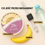 Owsianka, banan i izotonik – kluczowe elementy diety biegacza przed treningiem. Zegarek sugeruje czas.