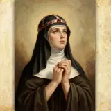 Św. Brygida w koronie i habicie, z dłońmi złożonymi do modlitwy. Obraz przypomina o 15 modlitwach św. Brygidy jak odmawiać.