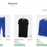 Beloved to marka odzieżowa. Na stronie prezentowane są niebieskie spodnie dresowe, czarna sukienka i niebieska bluza z kapturem.