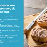 Podstawowe przyprawy do pasztetu: sól, pieprz, gałka muszkatołowa, imbir, ziele angielskie, liść laurowy. Na desce kromki chleba z pasztetem.