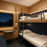 En mysig sovkupé på ett euronight train med våningssängar, fönster med mörk natthimmel och bekväma sittplatser.