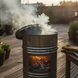 Un fumoir artisanal en cours d'utilisation, dégageant une fumée épaisse. Des braises rougeoient dans le foyer. Idéal pour fabriquer un fumoir maison.