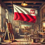 Artystyczna pracownia z polską flagą i obrazami. Kluczowe informacje o dwudziestoleciu międzywojennym w sztuce.