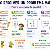 Guía para resolver problemas matemáticos de 4 primaria: lee, identifica datos, elige operación, calcula, escribe respuesta y revisa.