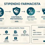 Schema illustra il calcolo stipendio netto farmacista: da lordo a netto, passando per contributi e imposte. Include componenti busta paga ed esempio.