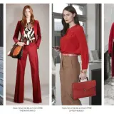 Eleganckie kobiety w stylizacjach z dominującym **kolorem bordowym** i czerwonym. Spodnie, marynarki i płaszcze tworzą modne zestawy.