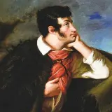 Portret mężczyzny w czarnym futrze i czerwonej chuście, zamyślony, w tle burzowe niebo i góry. Uosobienie romantyzmu.