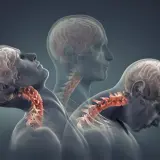 Trzy sylwetki ukazujące ruch głowy i szyi, ilustrujące mechanizm urazu whiplash.