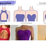 Ilustraciones y fotos de diferentes tipos de escote: deportivo, bandeau y cruzado.