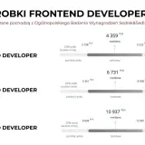 Zarobki front-end developerów: juniorzy zarabiają średnio 4359 PLN, regularzy 6731 PLN, a seniorzy 10937 PLN.