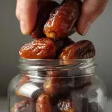 Eine Hand legt saftige Datteln in ein Glas. Perfekt zum Einfrieren und für süße Momente.