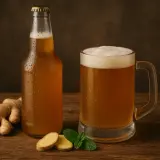 Orzeźwiające piwo gingers w butelce i kuflu, obok świeżego imbiru i mięty.