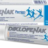 Opakowanie żelu Diklofenak Perrigo z grafiką przedstawiającą ludzi w ruchu i pomarańczowe kółka symbolizujące ból.
