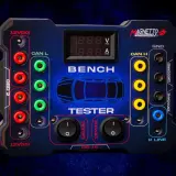 Niebieski tester samochodowy z portami OBD2, CAN L, CAN H, K-Line i złączami zasilania. Wyświetlacz pokazuje napięcie i prąd. Idealny do diagnostyki magistrali CAN.