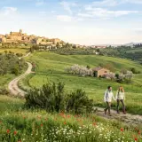 Coppia passeggia con cane tra fiori e ulivi, scoprendo gli **Arezzo geheimtipps** con borgo medievale sullo sfondo.