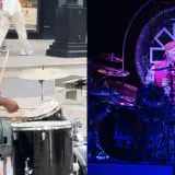 Perkusista Red Hot Chili Peppers w akcji. Po lewej uliczny muzyk, po prawej Chad Smith na koncercie.