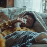 Chory mężczyzna leży pod kocem, wycierając nos chusteczką. Szuka sposobu, jak szybko wyzdrowieć, otoczony domowym ciepłem.