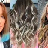 Tres estilos de cabello: mechas rubias con ondas, cabello castaño con puntas azules y mechas de colores vibrantes sobre cabello rubio.