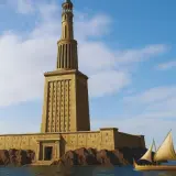 El majestuoso faro de Alejandría se alza sobre rocas, guiando a un antiguo barco de vela en el mar azul bajo un cielo nublado.