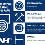Piktogramy tachografu: kierownica (jazda), młotki (inna praca), kwadrat z przekątną (dyspozycyjność), krzesło (pauza).