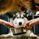 Husky z miską w łapach, otoczony dłońmi. Zastanawiasz się nad nifuroksazyd dla psa dawkowanie?
