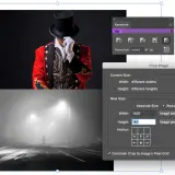 Ein Illustrator bearbeitet ein Bild. Ein Mann im Zirkus-Outfit und eine neblige Straße sind zu sehen. Das Fenster "Crop Image" ist geöffnet.