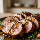 Filet mignon tranché, nappé d'une sauce au miel et aux herbes, servi sur une assiette avec du thym et de l'ail. Une belle recette filet mignon miel.