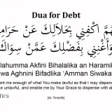 En bild med texten "Dua for Debt" och en islamisk bön på arabiska, engelska och svenska. Bönen, en dua islam, handlar om att bli fri från skulder.
