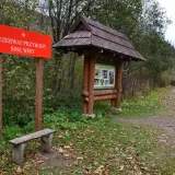 Czerwony znak "Rezerwat Przyrody Sine Wiry", drewniana wiata z informacjami, ławka i droga leśna.