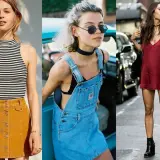 Trzy kobiety w stylizacjach inspirowanych modą lat 90 w Polsce: w sztruksowej spódniczce, ogrodniczkach i satynowej sukience.