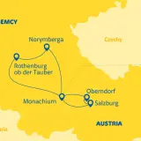 Mapa pokazuje trasę podróży przez Niemcy i Austrię, z zaznaczonymi miastami: Norymberga, Rothenburg ob der Tauber, Monachium, Oberndorf i Salzburg.