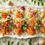 Plateau d'entrées élégantes pour une recette entrée mariage : fines tranches de poisson roulées, perles d'orange, fleurs et herbes fraîches.