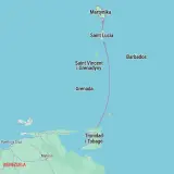 Mapa pokazuje, gdzie leżą Karaiby: Martynika, Saint Lucia, Saint Vincent i Grenadyny, Grenada, Trynidad i Tobago, Barbados, blisko Wenezueli.