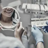Dentysta w rękawiczkach pokazuje pacjentce wzornik kolorów zębów, pacjentka ogląda swój uśmiech w lustrze.