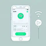 Ilustracja telefonu z aplikacją Spotify i ikoną pobierania, obok symbol Wi-Fi i odtwarzania.