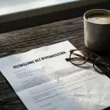 Na drewnianym stole leży dokument "Rozwiązanie bez wypowiedzenia", okulary i filiżanka kawy. To może być zapowiedź zwolnienia dyscyplinarnego.
