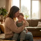 Mama pociesza płaczącego 3-latka, wspierając jego rozwój emocjonalny. Ciepło i bezpieczeństwo w domowym zaciszu.
