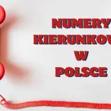 Czerwona słuchawka telefonu retro obok napisu "NUMERY KIERUNKOWE W POLSCE".