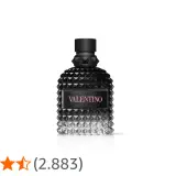 Frasco de perfume Valentino Uomo Born in Roma, negro con detalles plateados y etiqueta rosa.