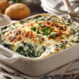 Delicioso plato de espinacas a la crema, gratinado con queso dorado y perejil fresco. Acompañado de ajos y patatas.