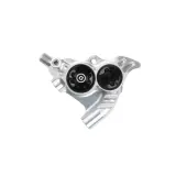 A silver Hope RX4 brake caliper with two black pistons, ready for powerful braking on any trail.
