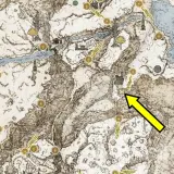 Mapa Elden Ring: Popioły Wojny. Żółta strzałka wskazuje drogę do lokacji w śnieżnych górach.