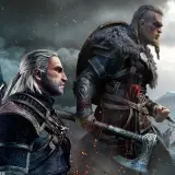 Geralt i Eivor, bohaterowie gier podobnych do Assassin's Creed, gotowi do walki.